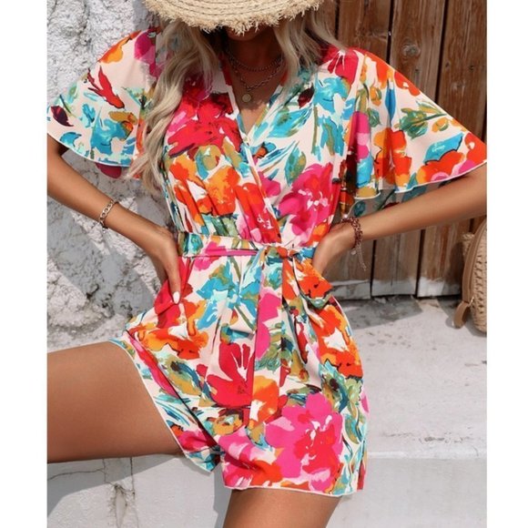 Floral Butterfly Sleeve Belted Romper - Picture 5 of 5